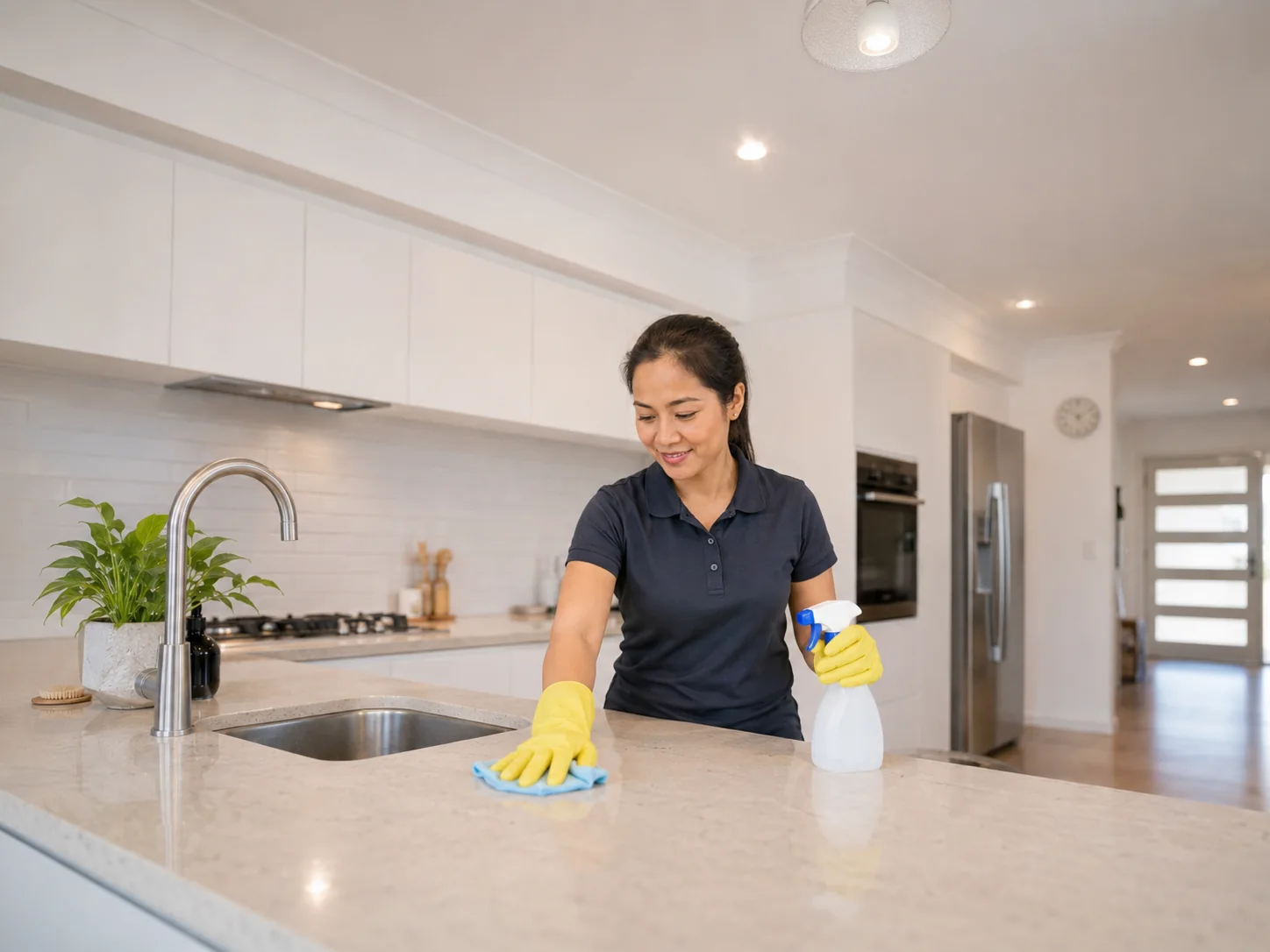 Cleaner wiping a kitchen countertop