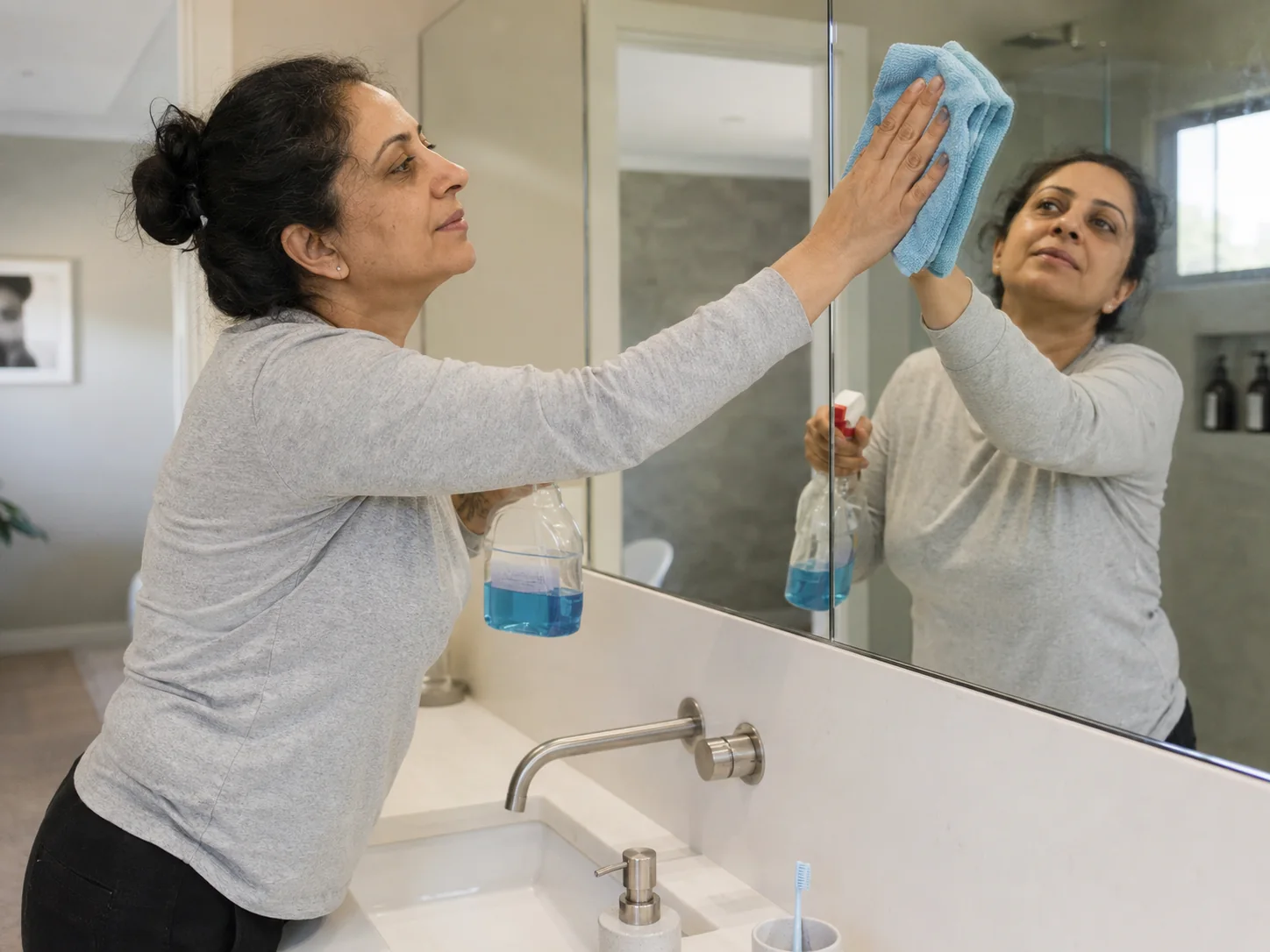 Cleaner wiping a bathroom mirror