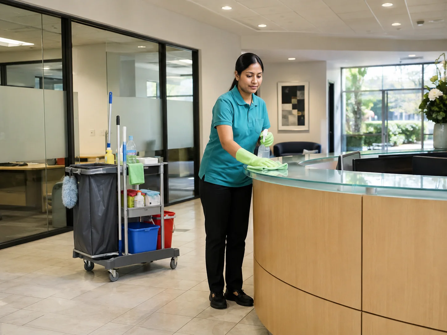 Cleaner working in a modern reception