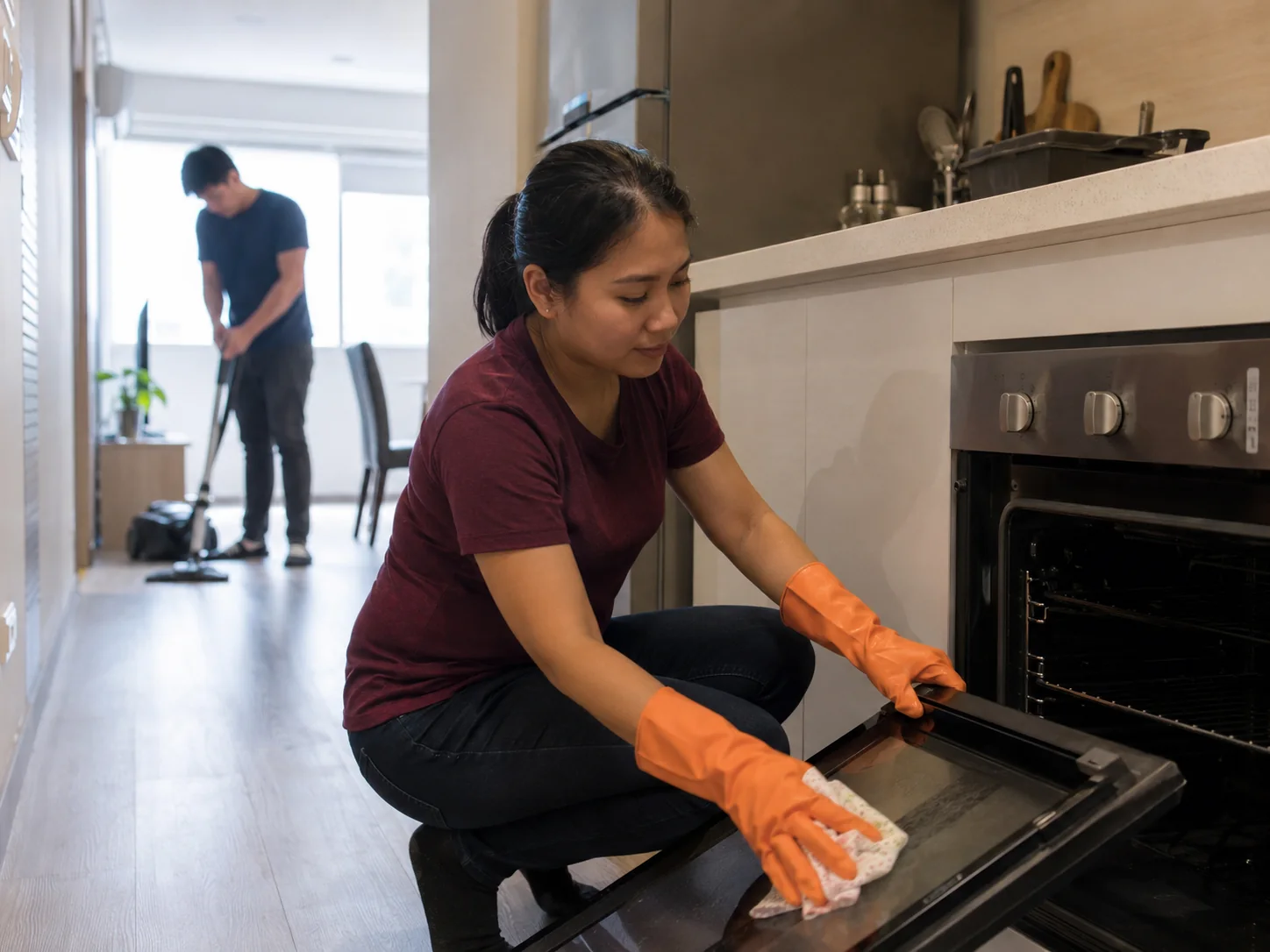 Cleaner completing an oven clean