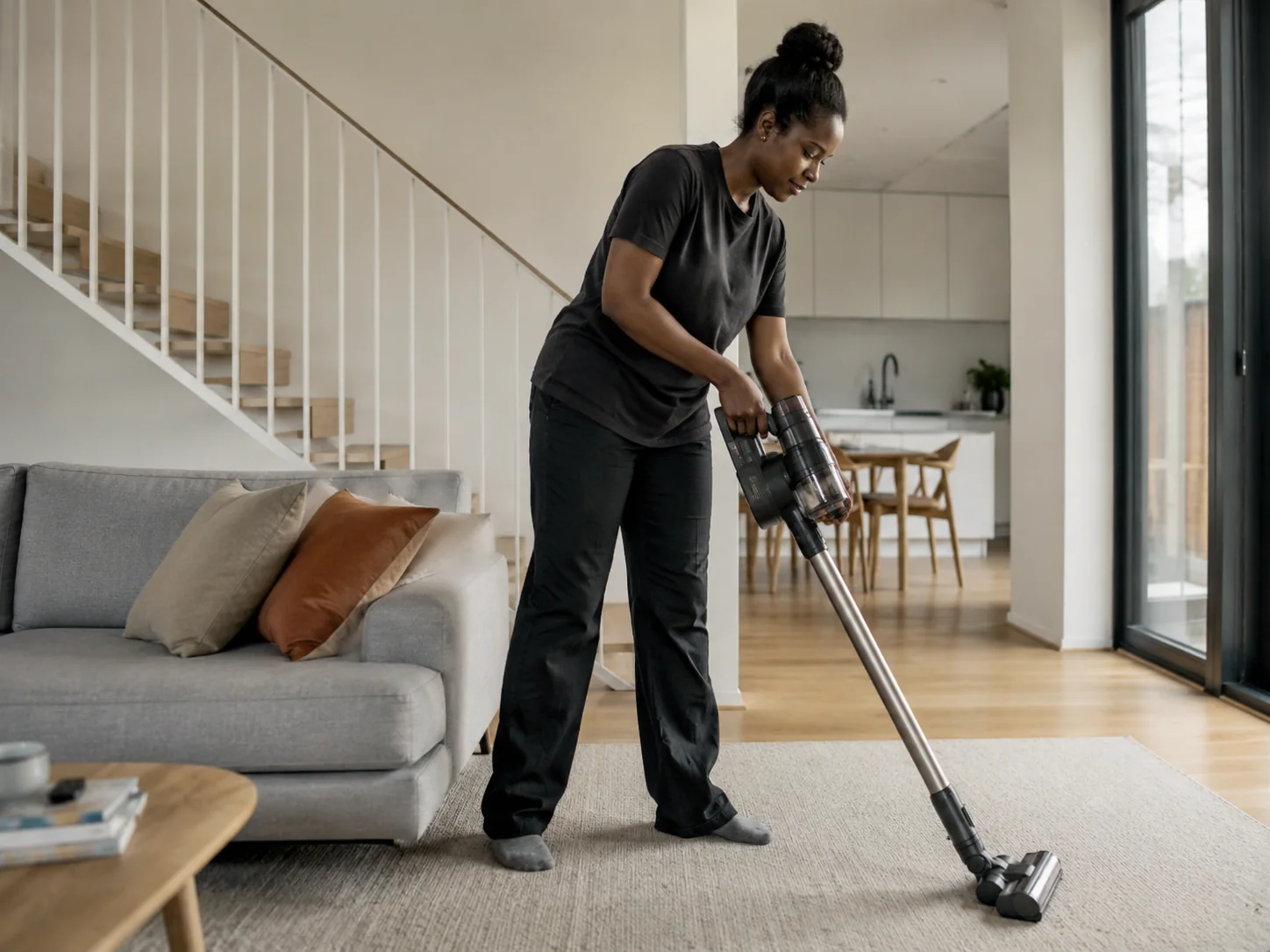 Cleaner vacuuming a living room