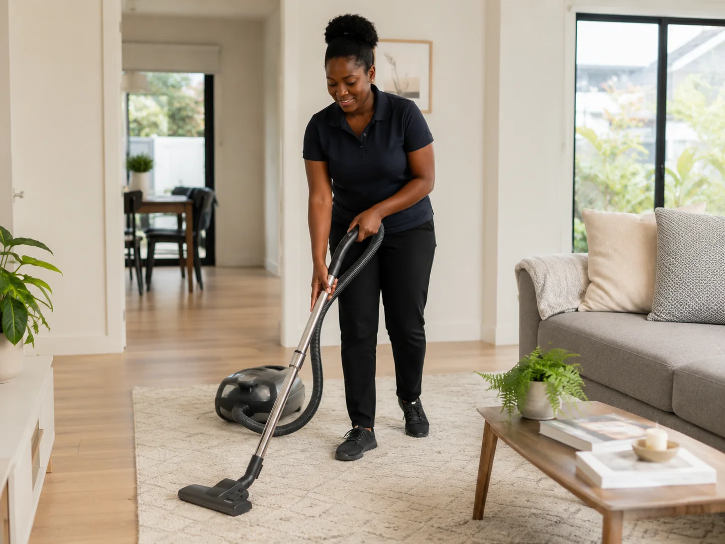 Cleaner vacuuming a modern living room