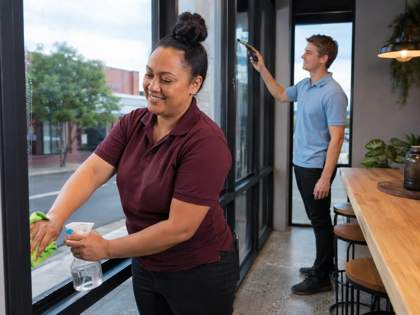 Two workers cleaning commercial windows