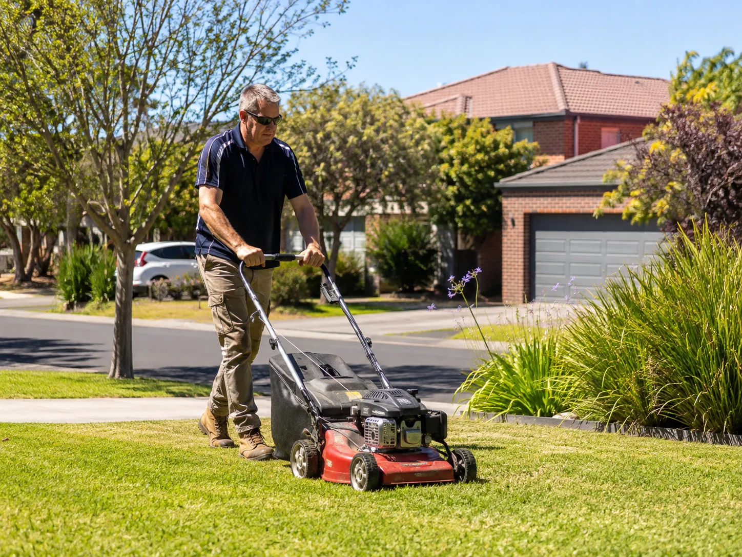 Worker mowing a residential lawn
