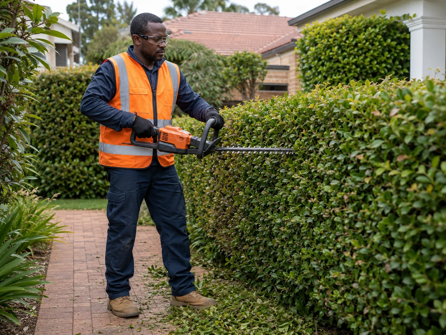 Landscaper trimming a hedge in high visibility workwear