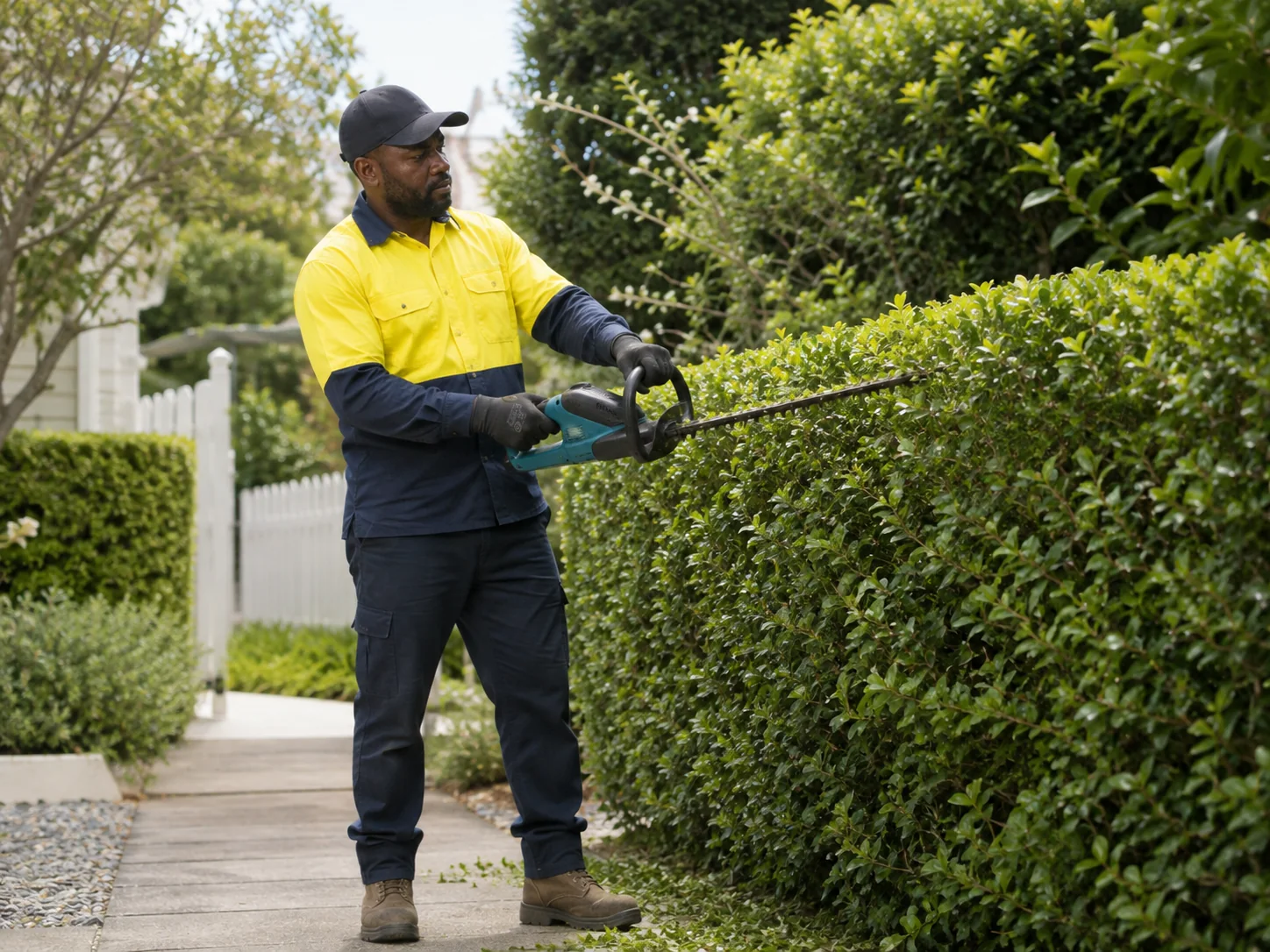 Landscaper trimming a hedge in yellow workwear