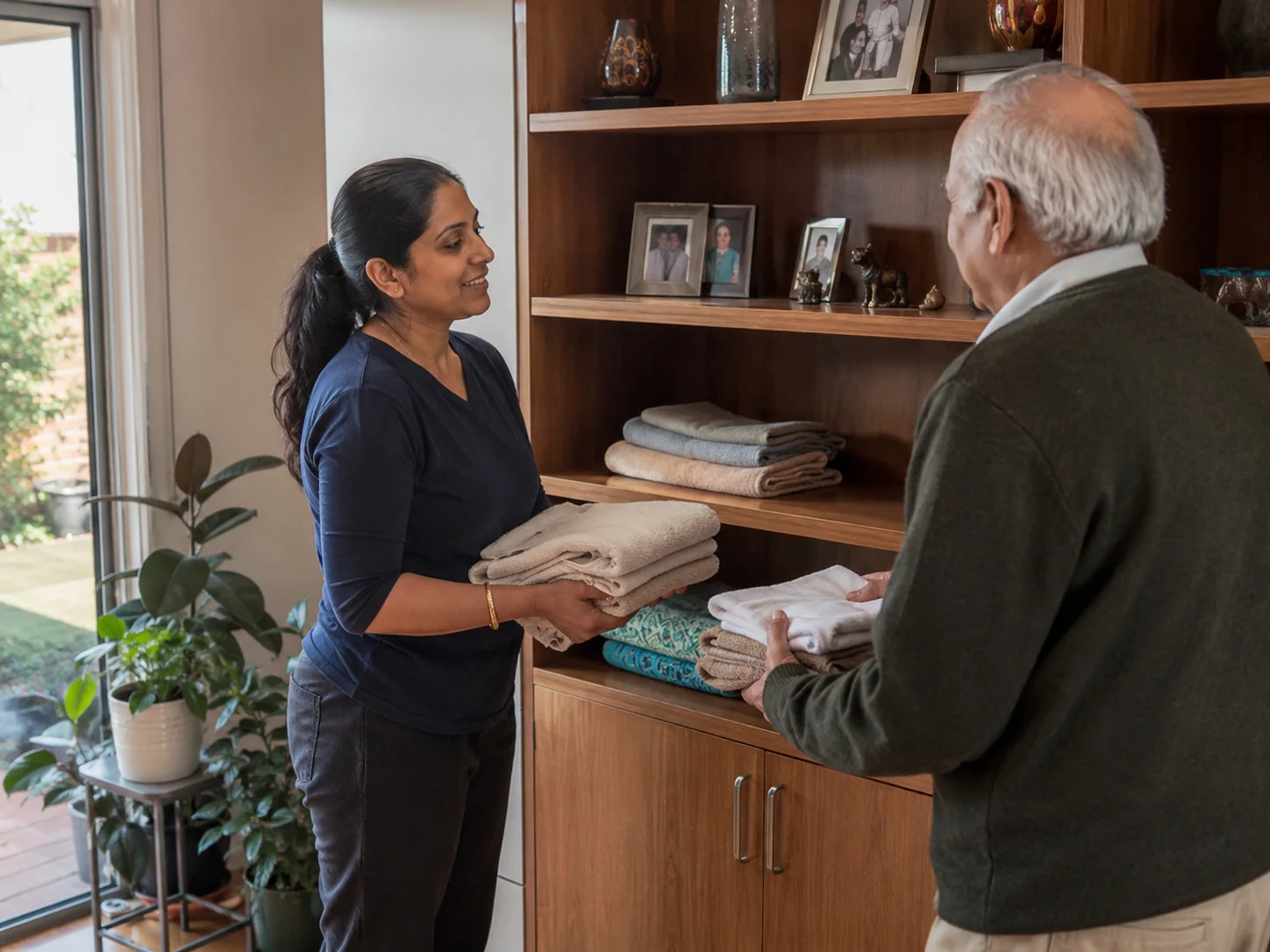 Support worker and older man organising household linen