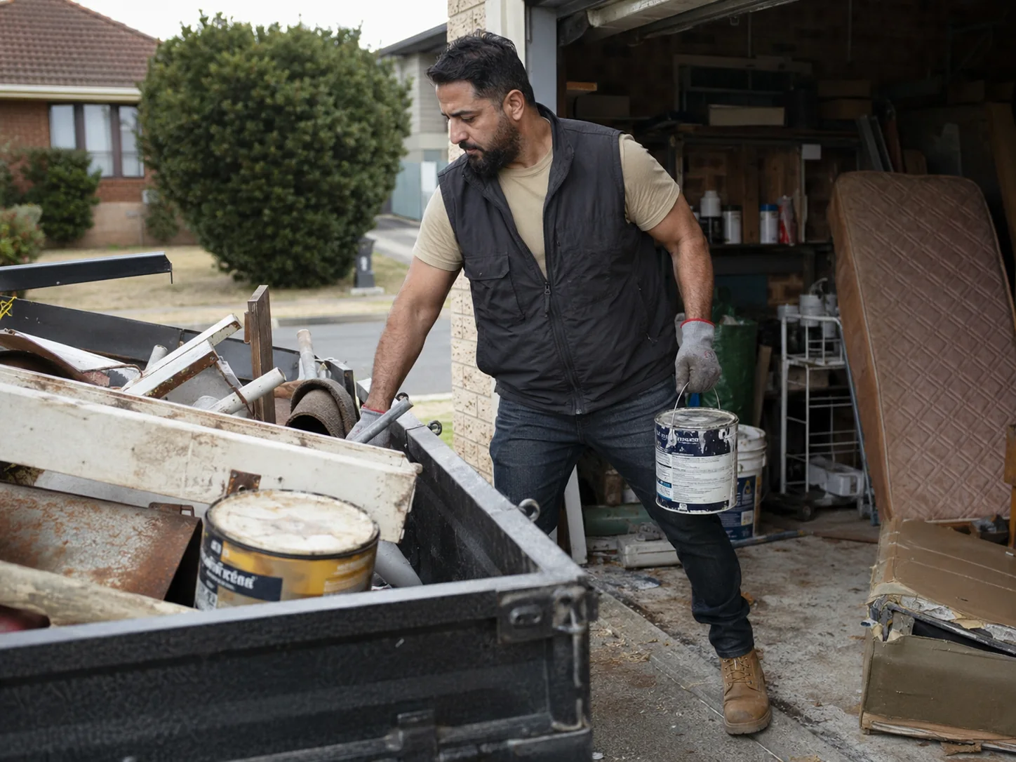 Worker sorting items during a garage clean-out