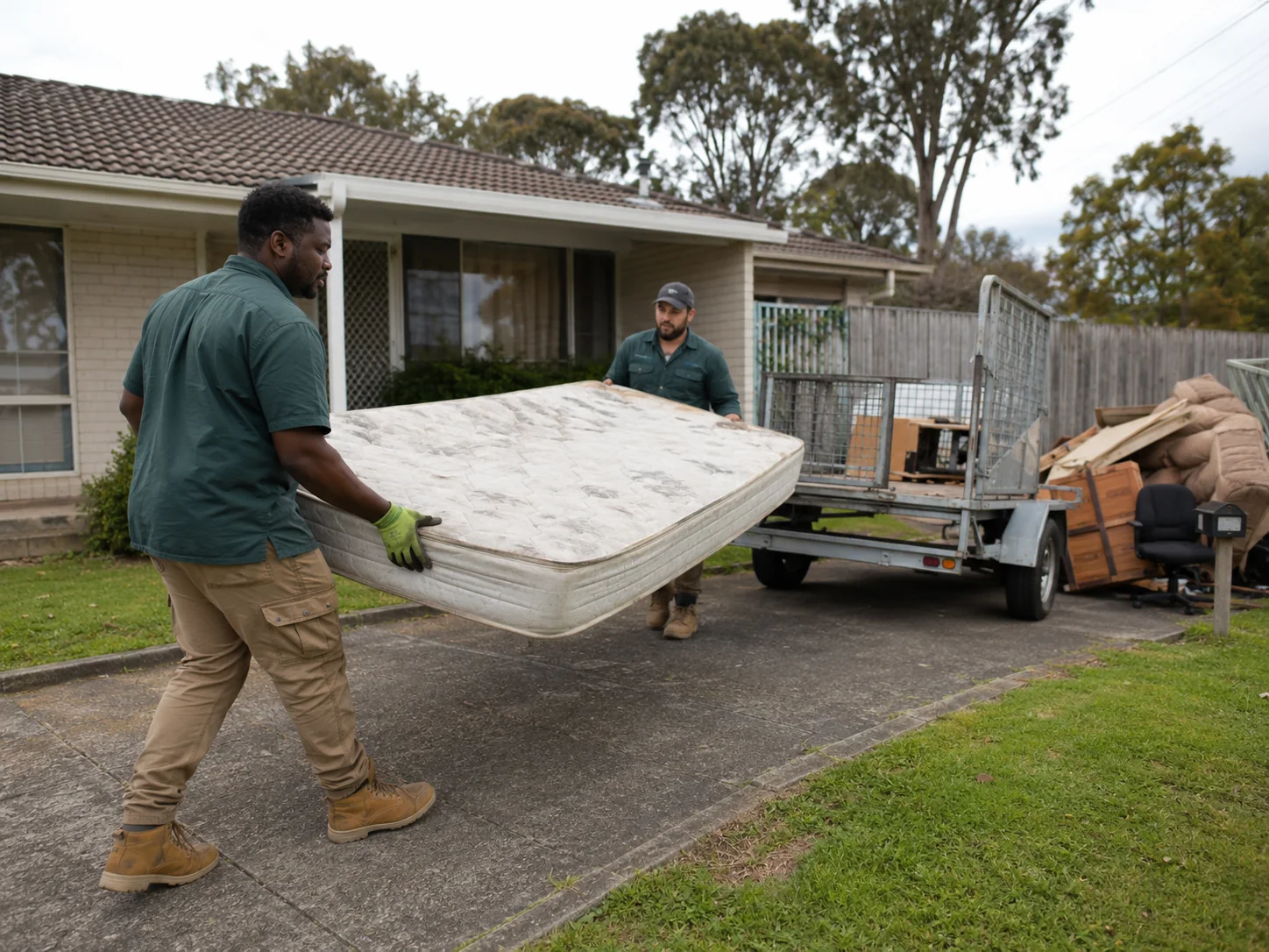 Workers removing an old mattress and household items