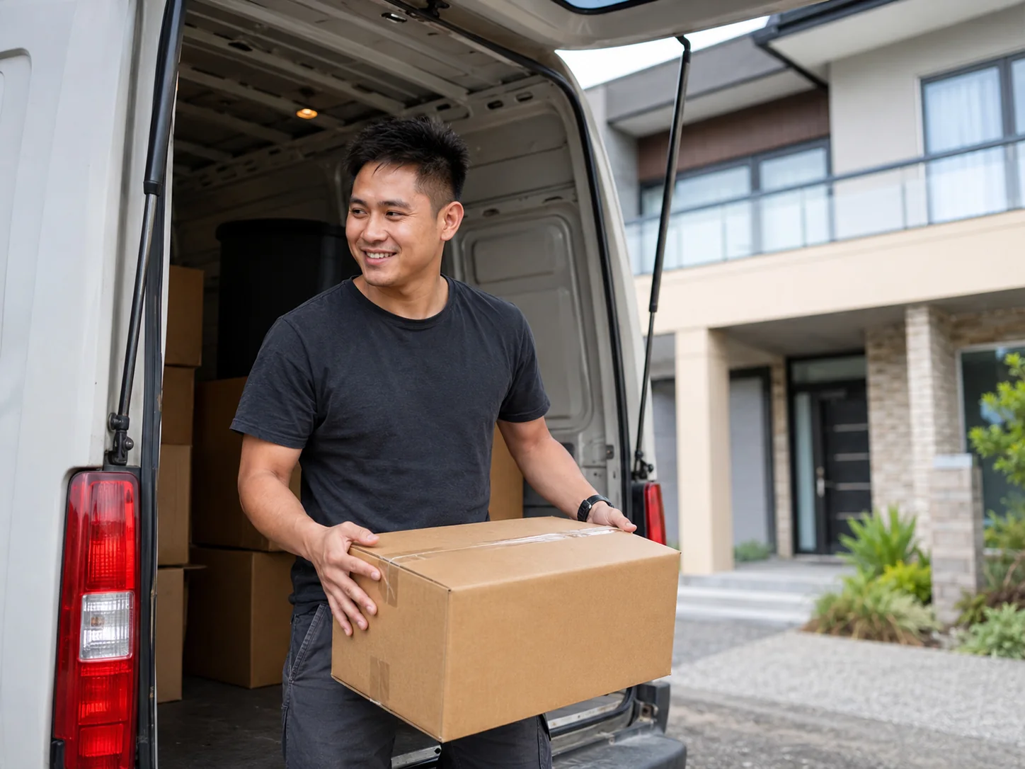 Mover carrying a box from a van