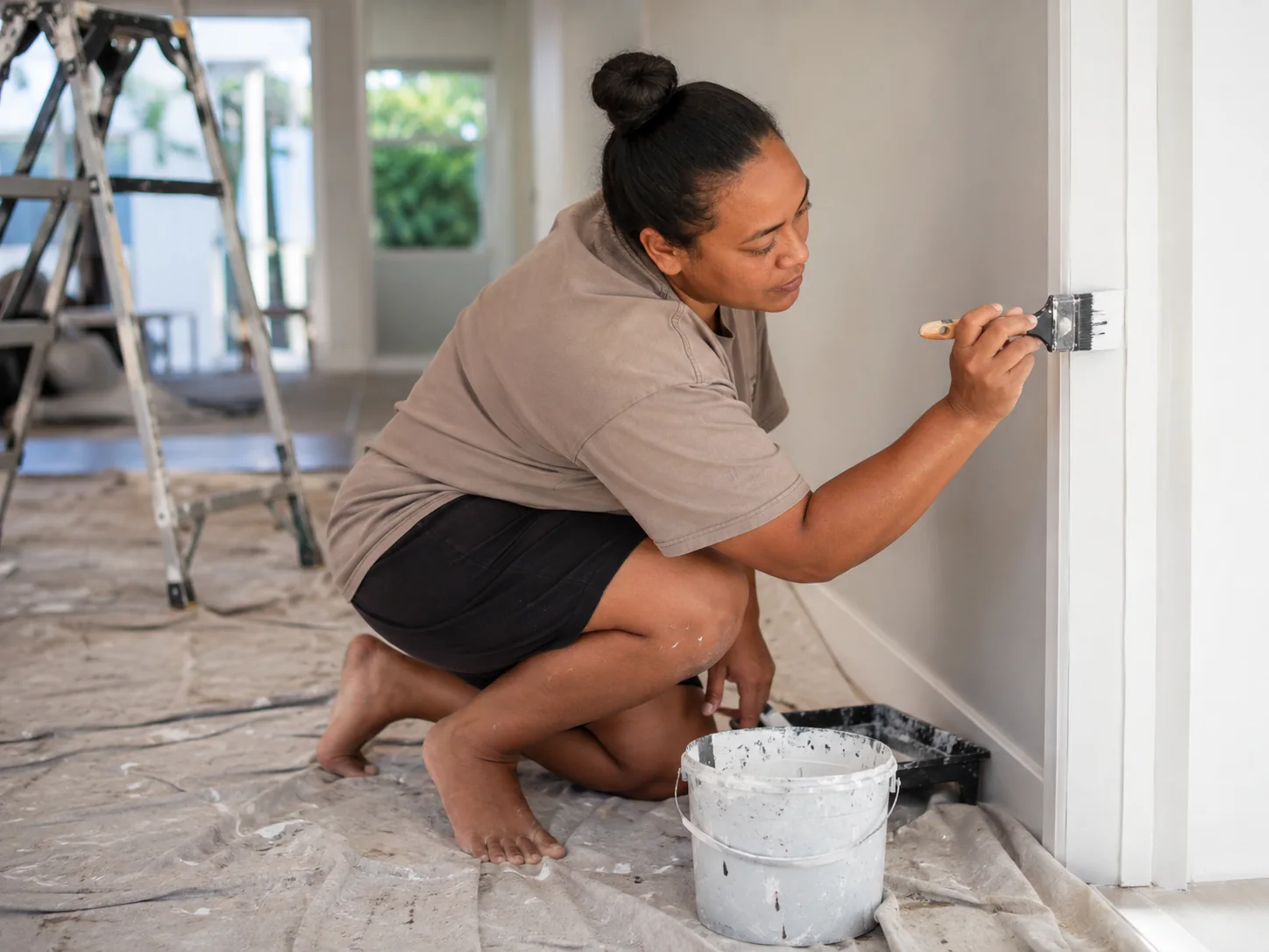Worker touching up interior trim