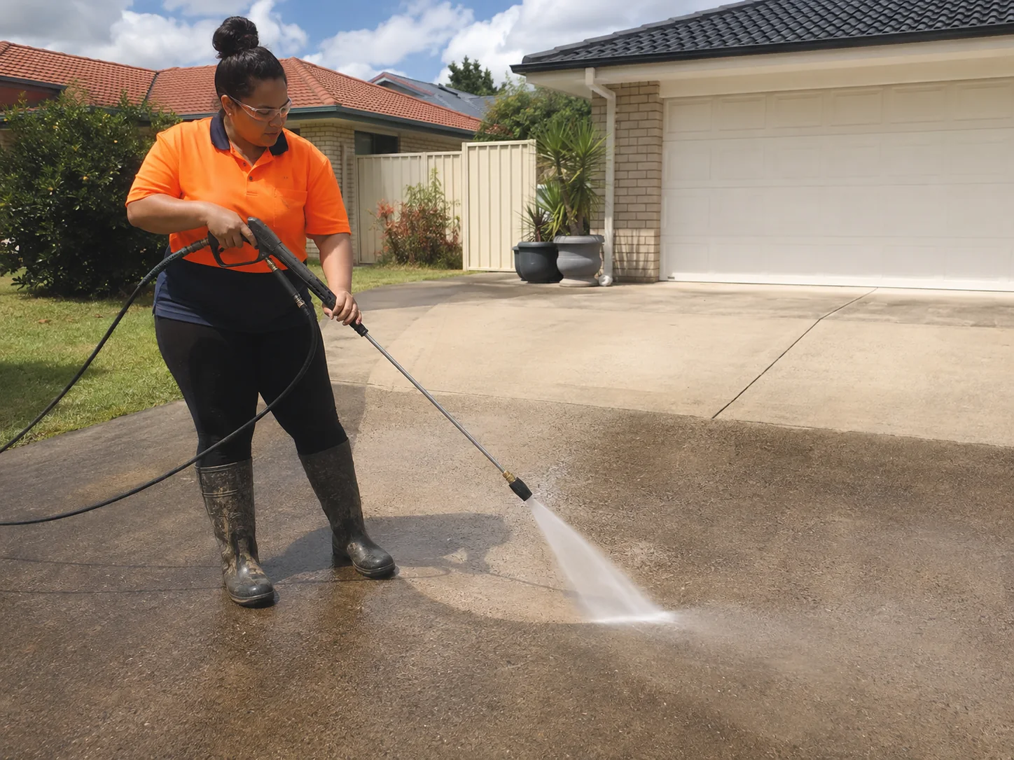 Worker pressure washing a residential driveway