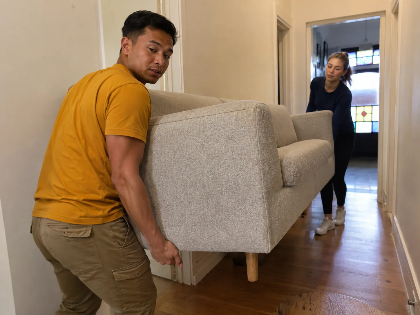 Two workers moving a sofa through a hallway