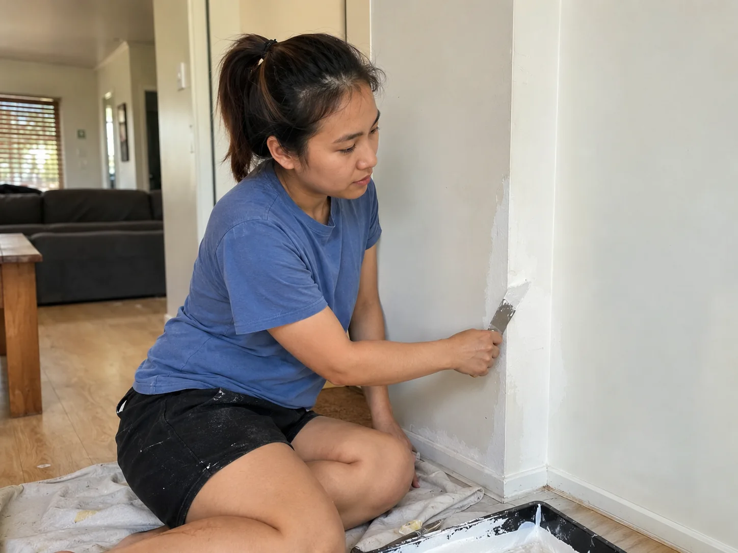 Worker patching a damaged wall corner